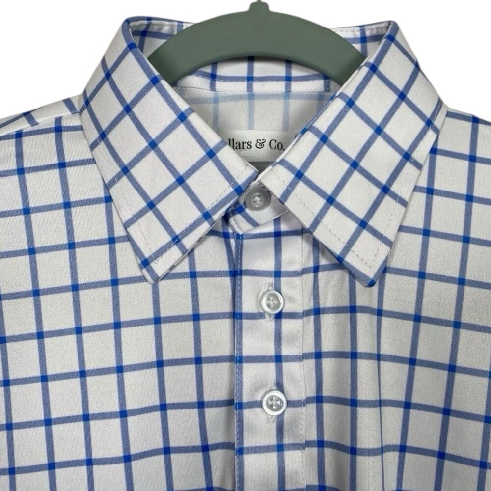 Collars & Co Polo Shirt Mens Medium Blue Windowpane Plaid Check Grid Golf Office